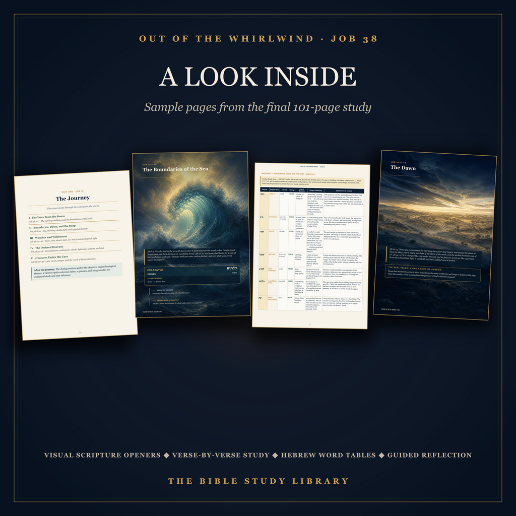 Interior pages from Out of the Whirlwind showing visual Scripture openers and Hebrew word study tables