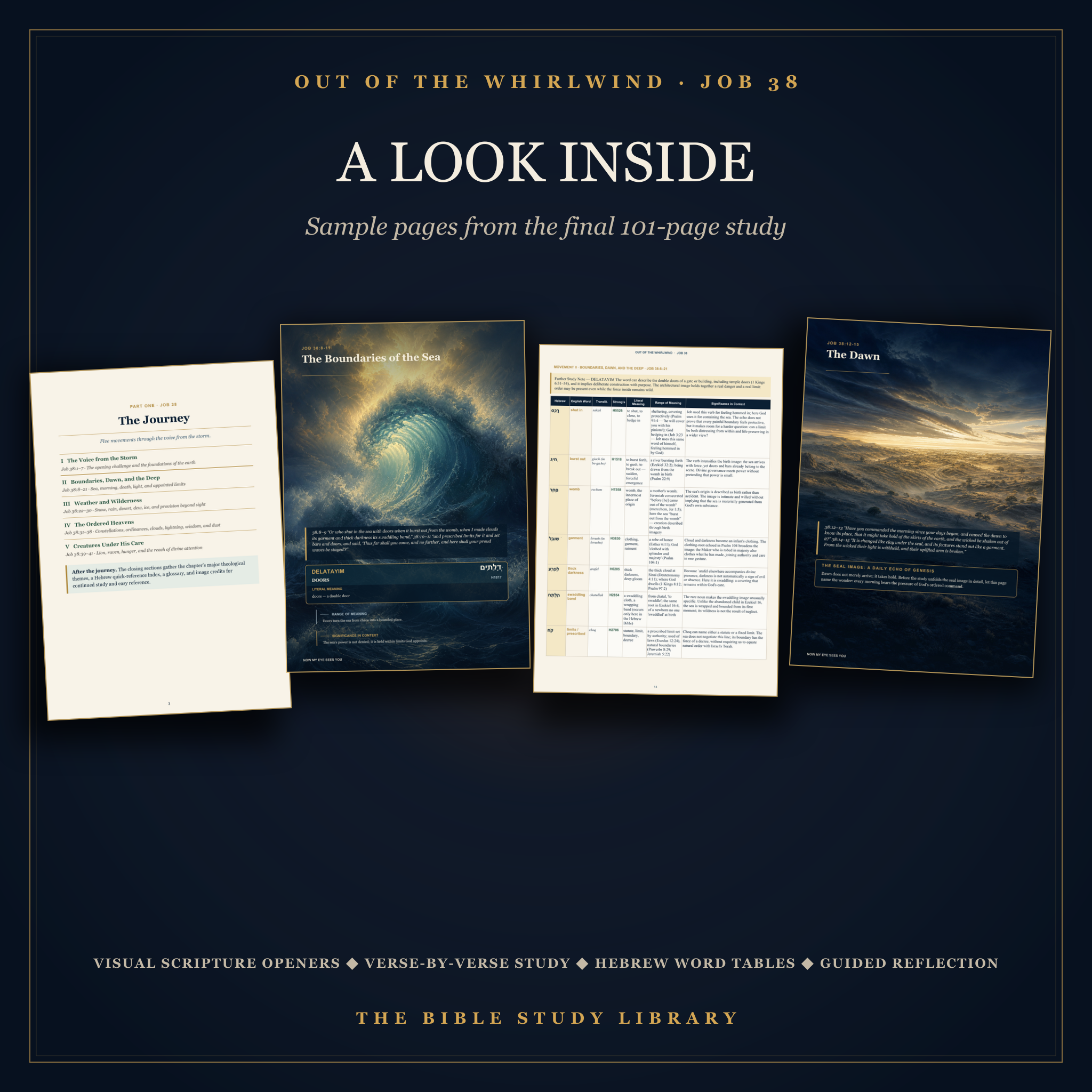 Interior pages from Out of the Whirlwind showing visual Scripture openers and Hebrew word study tables